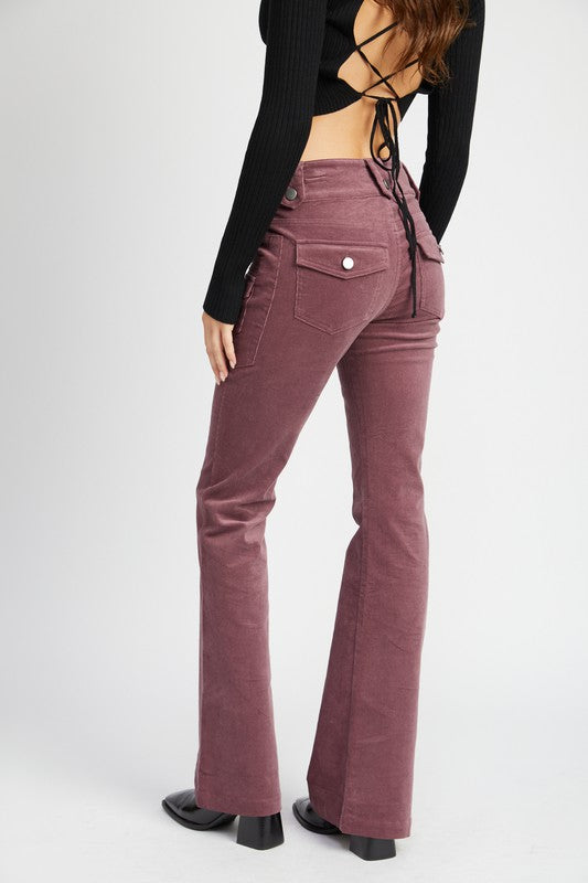 Back view of the Serafina wine low-waisted corduroy pants with flare leg 