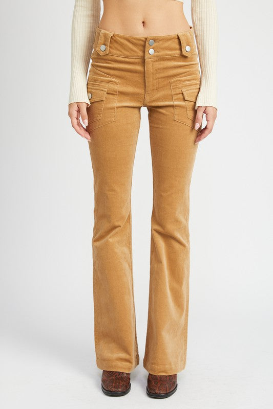 Serafina khaki low-waisted corduroy pants with flare bottom front view