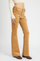 Full length shot of the Serafina khaki corduroy pants in a flared cargo style