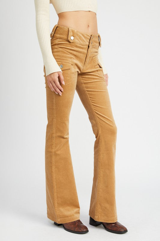 Full length shot of the Serafina khaki corduroy pants in a flared cargo style