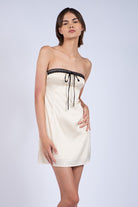 Hot Summer Ivory Strapless Mini Dress with lace trim and ribbon detail.