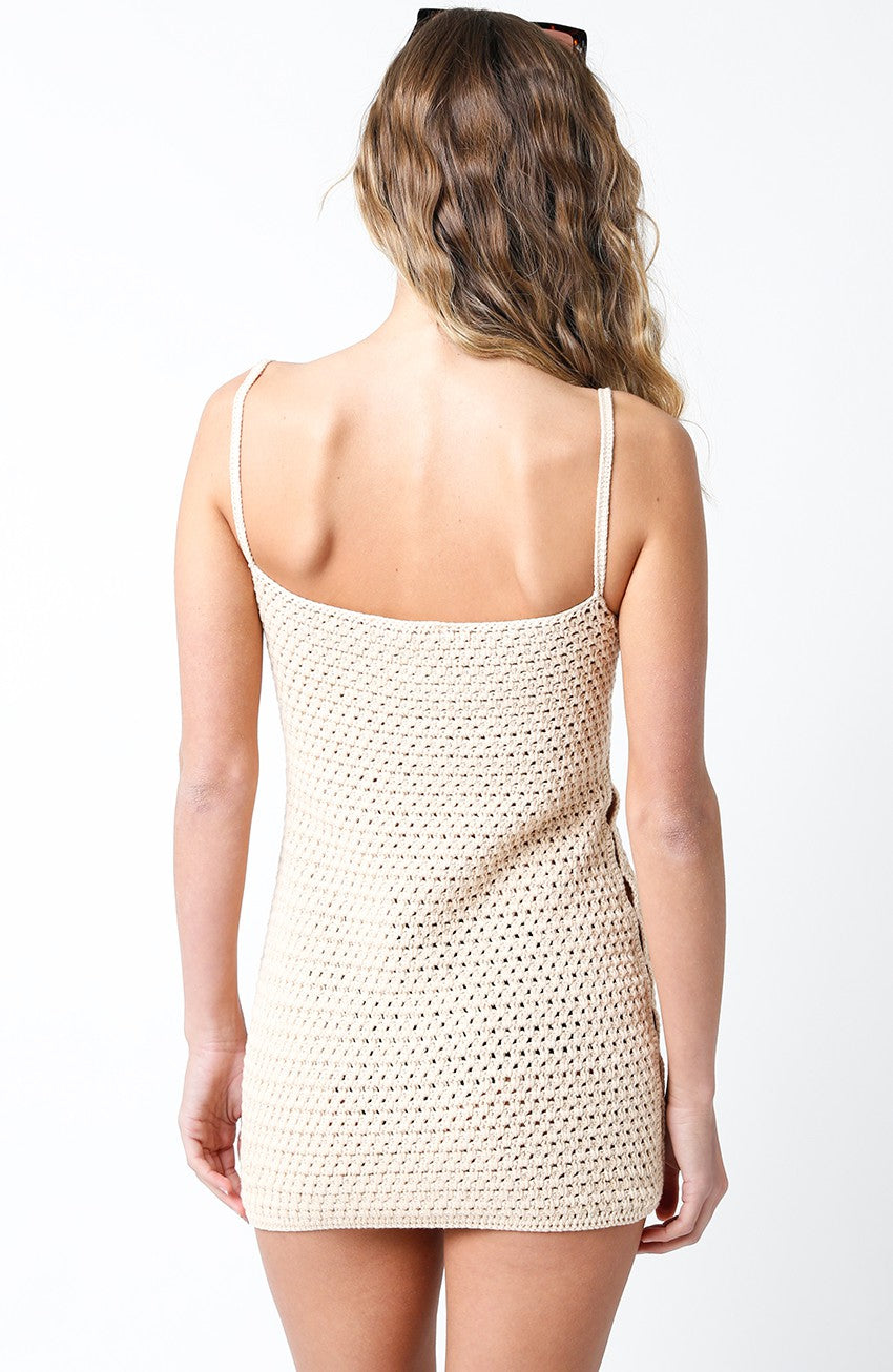 Beige Crochet Open Knit Bodycon Mini Dress |Cabana Club S / Beige