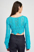  Blue Crochet Bell Sleeve Sweater