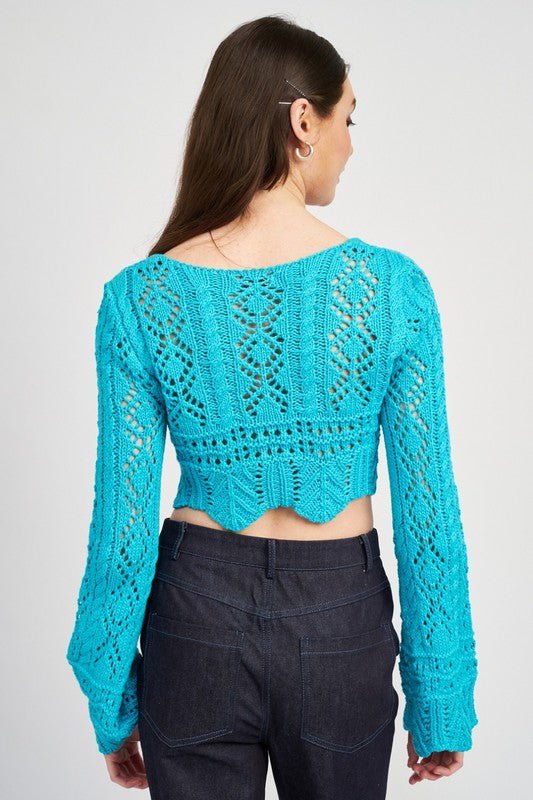  Blue Crochet Bell Sleeve Sweater