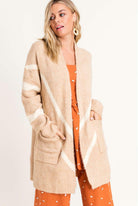 Ella Taupe Chevron Open Front Cardigan - Front View