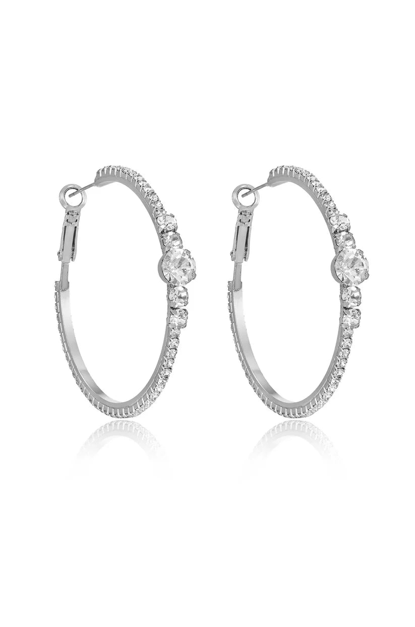 Sweet Love Silver Crystal Hoop Earrings with 18k Rhodium Plating and Graduated Glass Stones