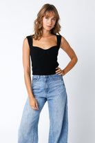 Evie Black Sweater Bustier Top with sweetheart neckline and ribbed knit bodice.