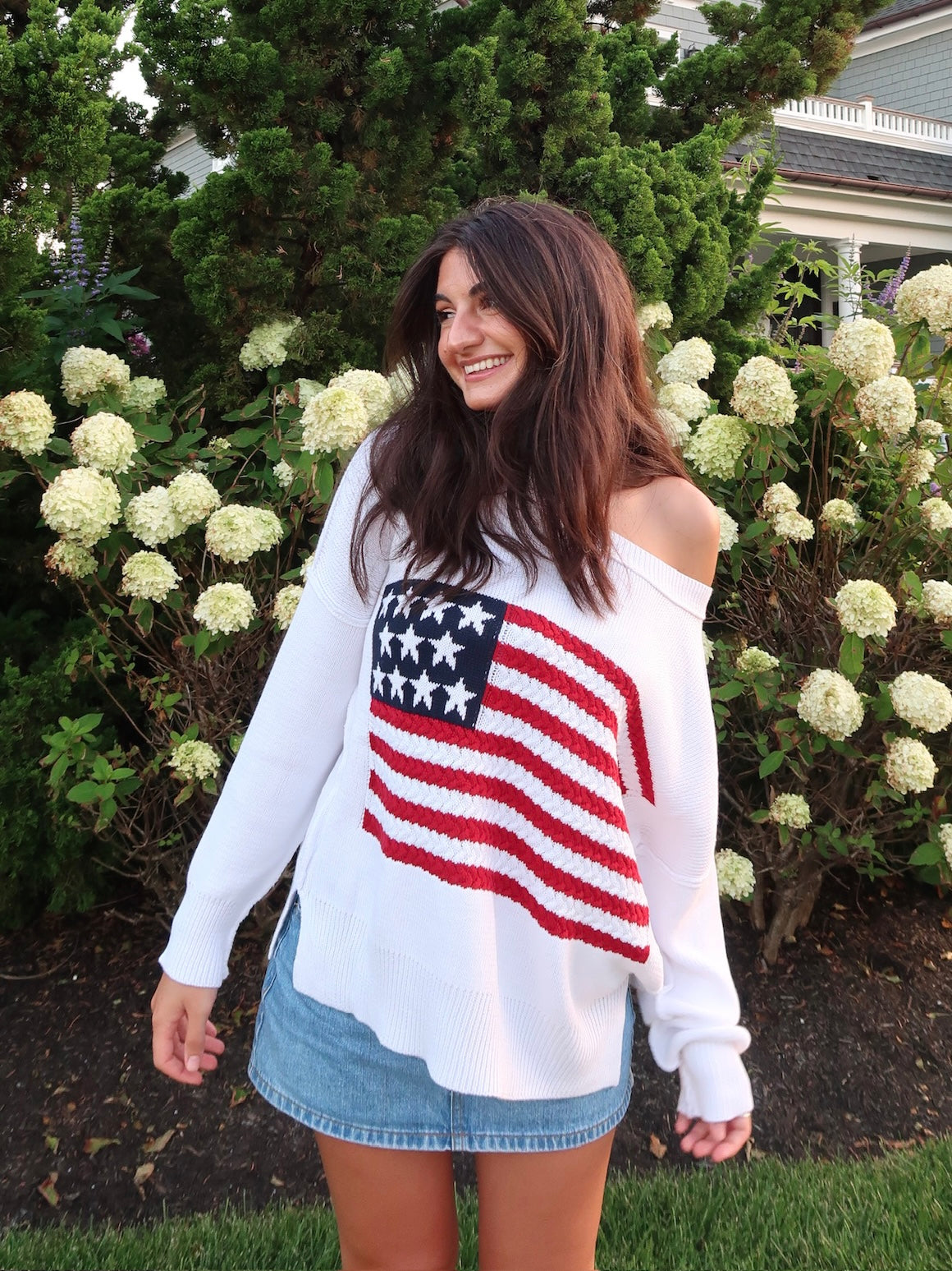 USA White Crochet Flag Sweater - Outfit View