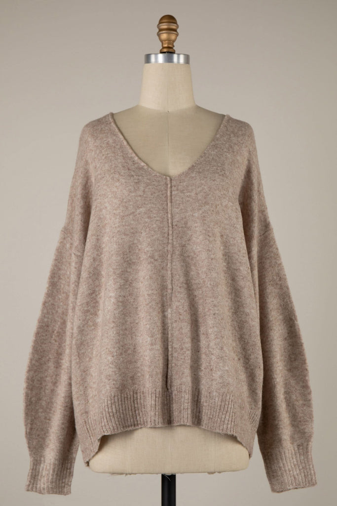 Andrea Taupe V-Neck Sweater - Front View