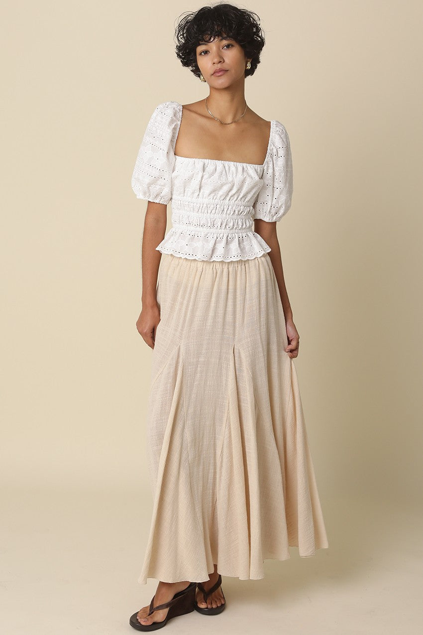 Lightweight beige boho maxi skirt with relaxed flowy fit
