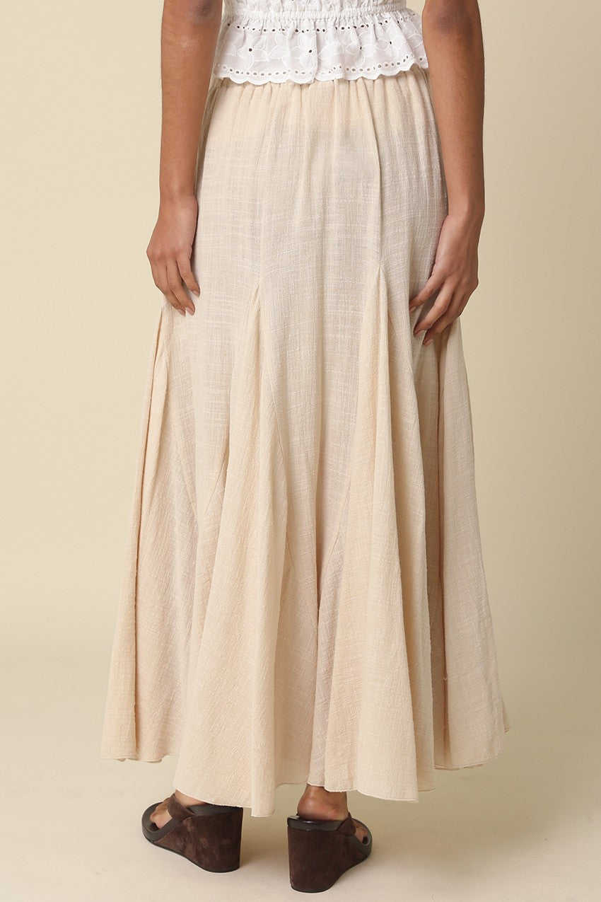 Flowy beige godet maxi skirt for women – boho summer style