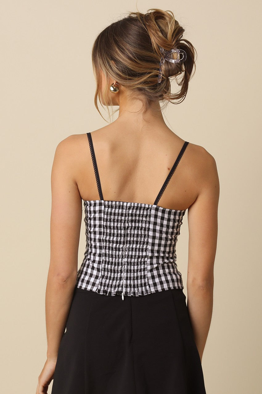 Back veiw black and white gingham bustier top.