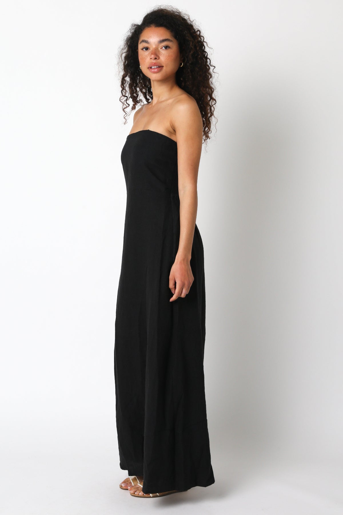 Corfu Black Linen Strapless Maxi Dress side view