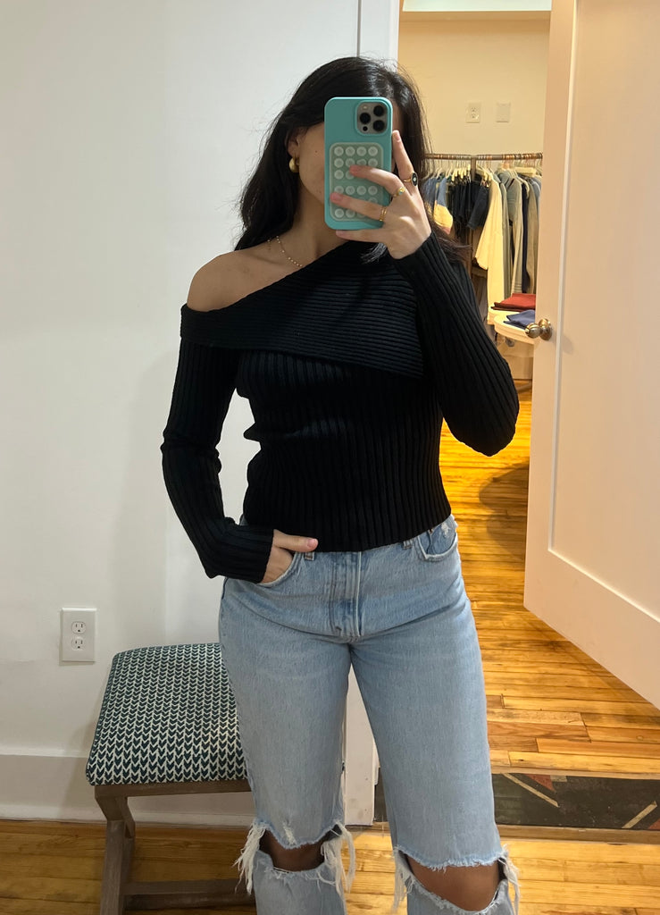 Black Off Shoulder Sweater Top