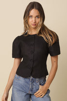 Black puff sleeve linen button-down top with round neck from Cabana Club Boutique.