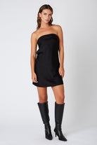 Black satin strapless mini dress for graduations and parties