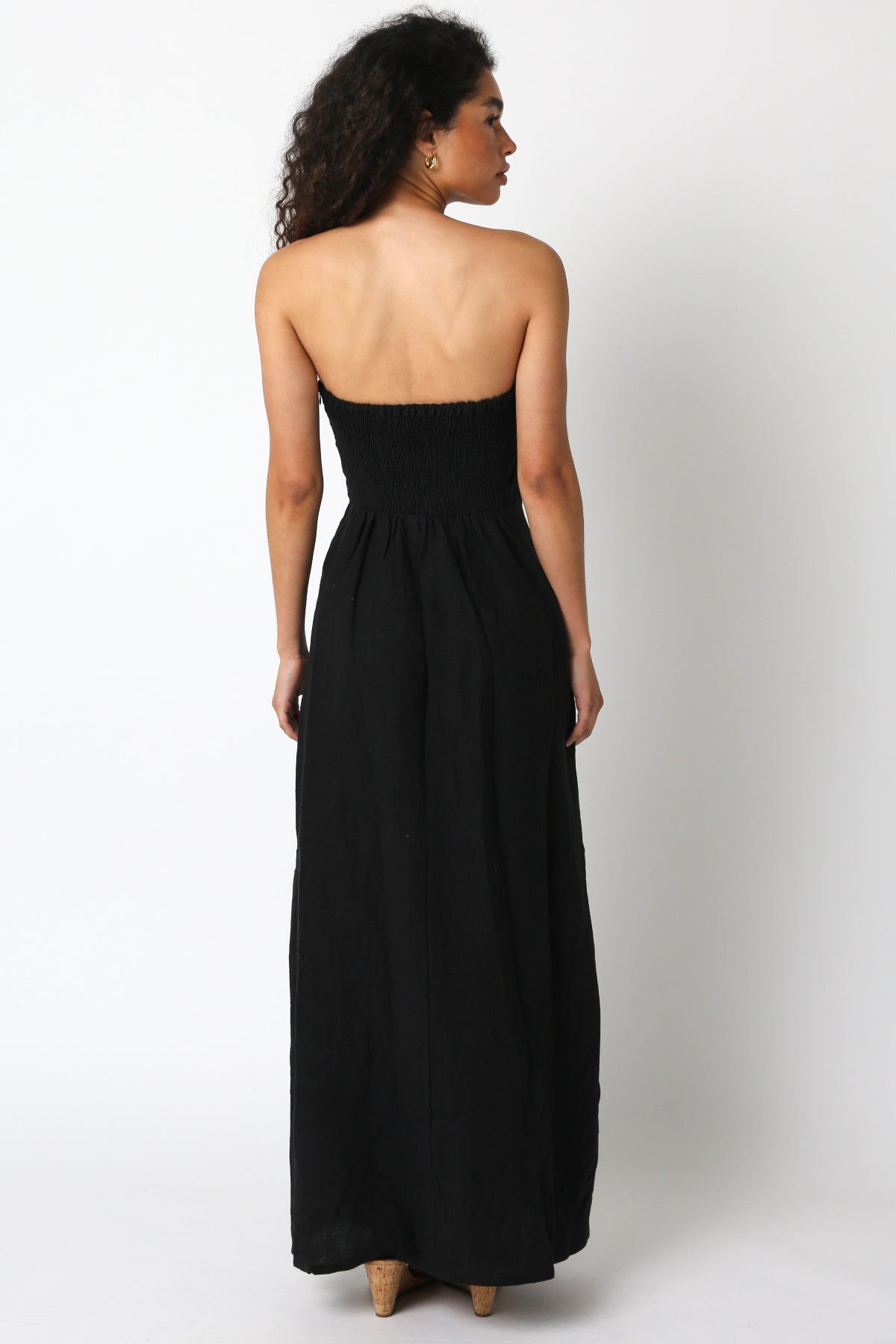 Corfu Black Linen Strapless Maxi Dress back view