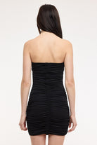 Women's black strapless bodycon mini dress back view