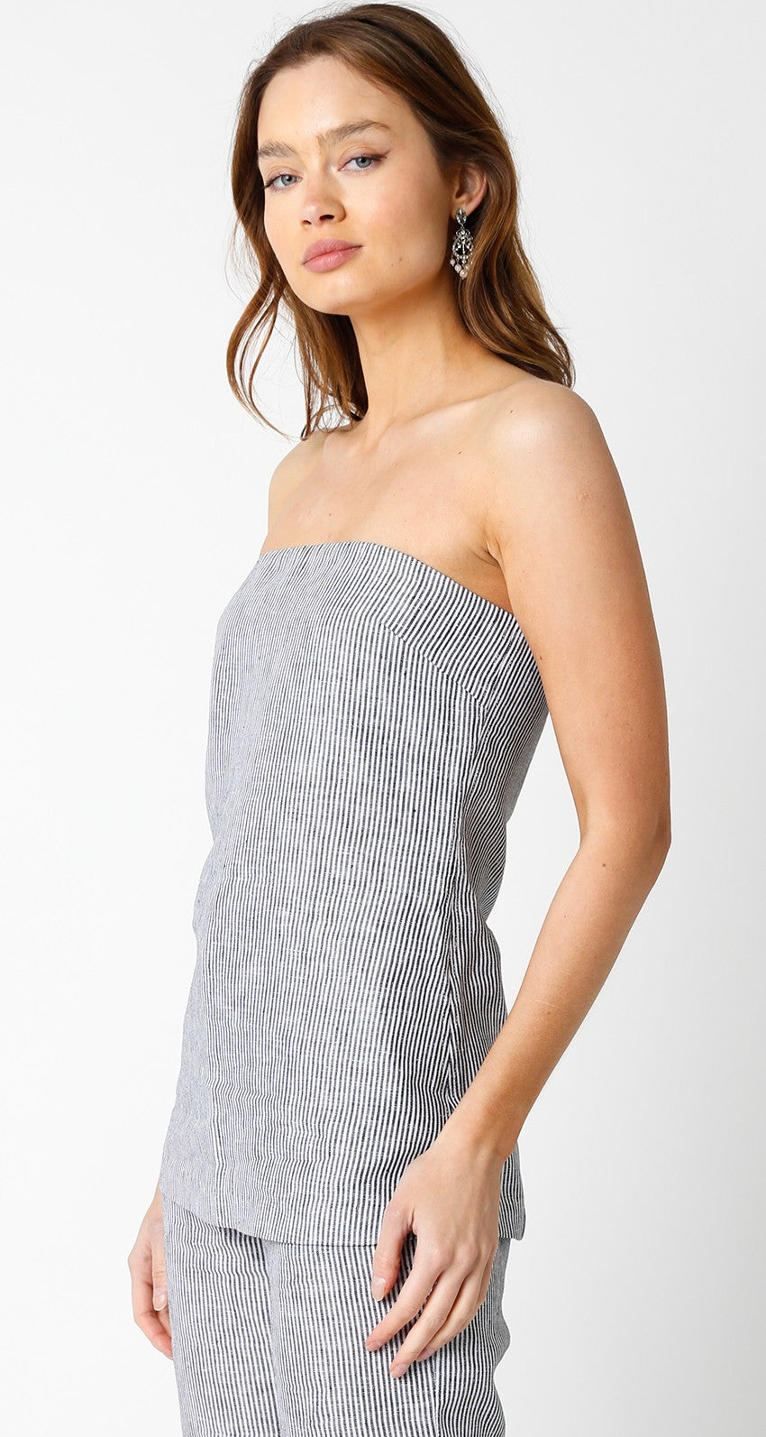 Black Striped Linen Strapless Tunic Top