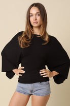 Black dolman sleeve top for women with adjustable back tie waist