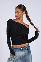 Black Off One Shoulder Long Sleeve Crop Top