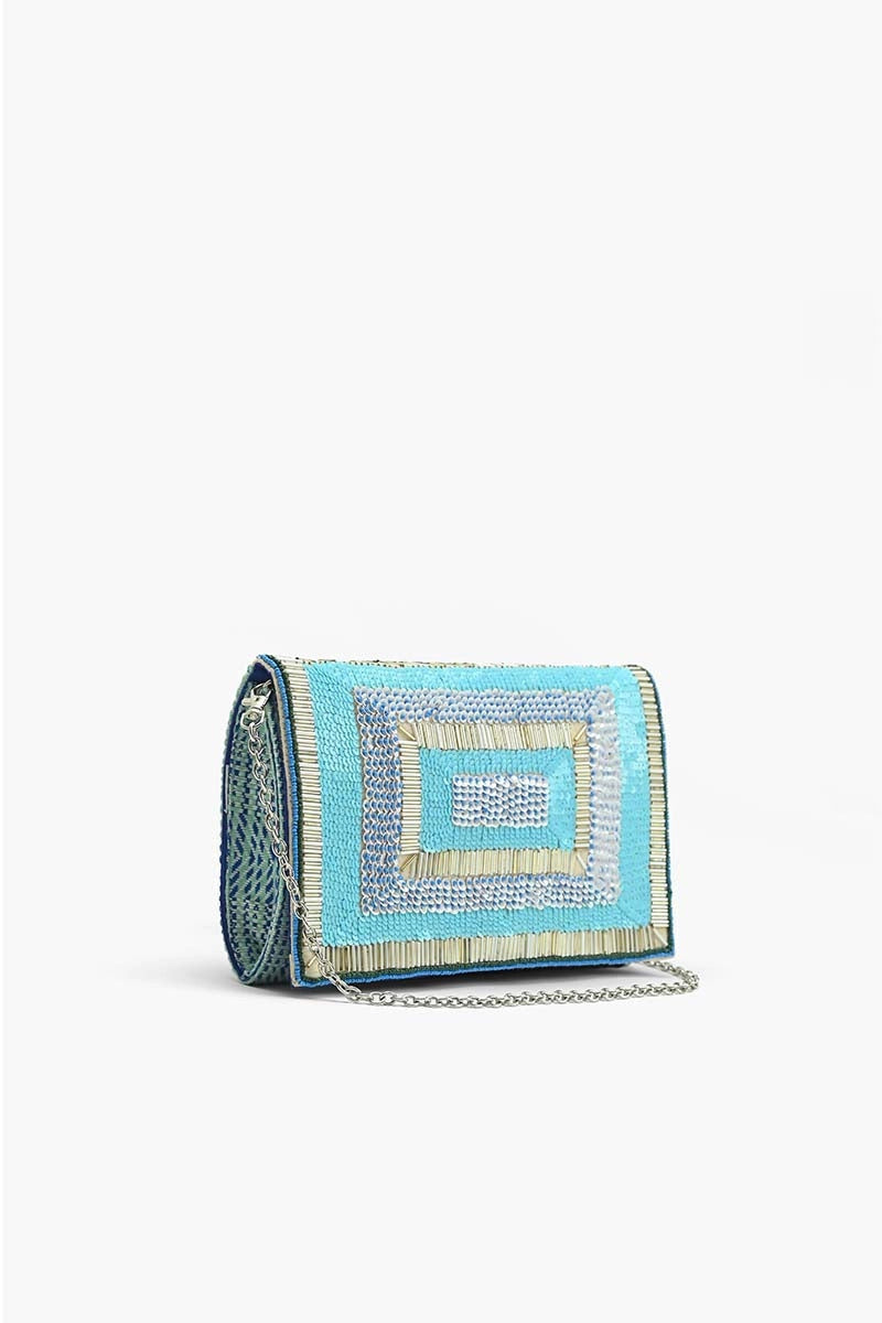 Blue embellished clutch front view