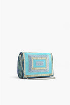 Blue embellished clutch front view