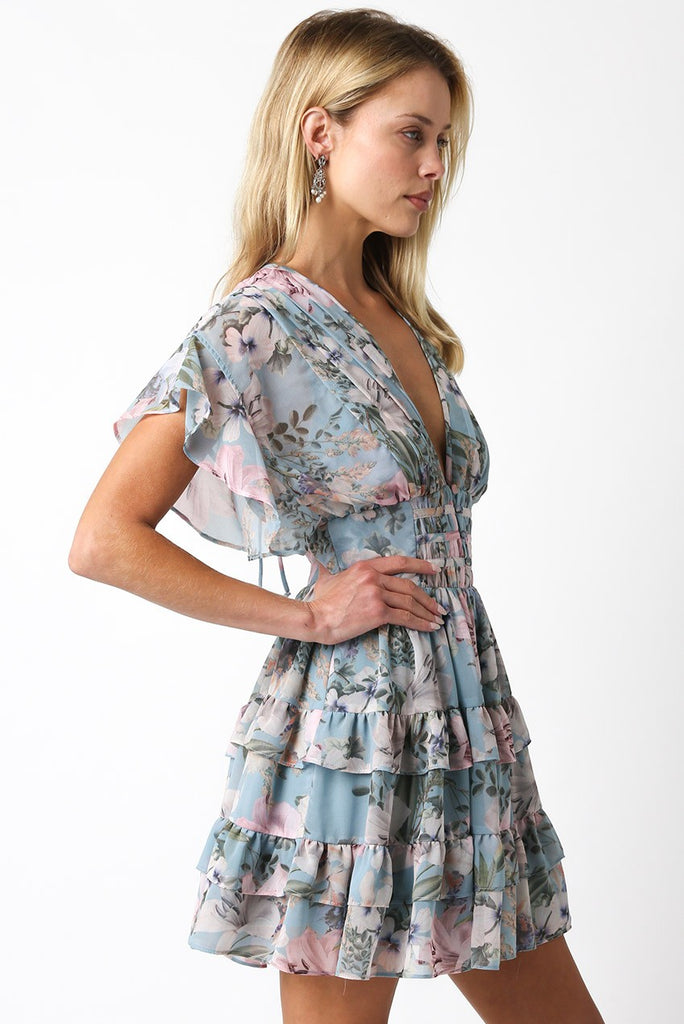 Blue Floral Tiered Ruffle Mini Dress