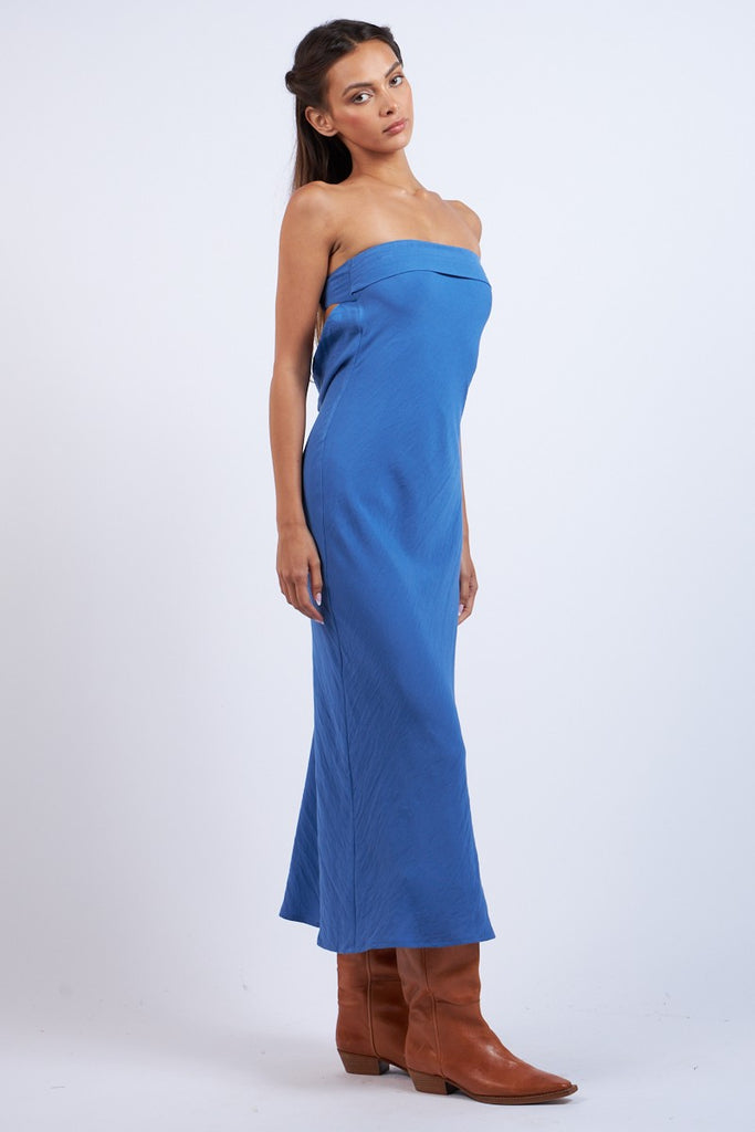 Blue Strapless Cowl Back Maxi Dress