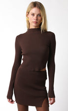 Gia Brown Mock Neck Cropped Sweater featuring a ribbed knit texture and a stylish rounded hemline.