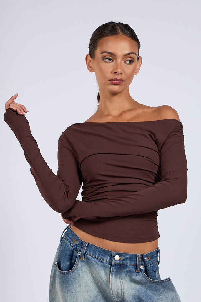 Brown Off One Shoulder Crop Top