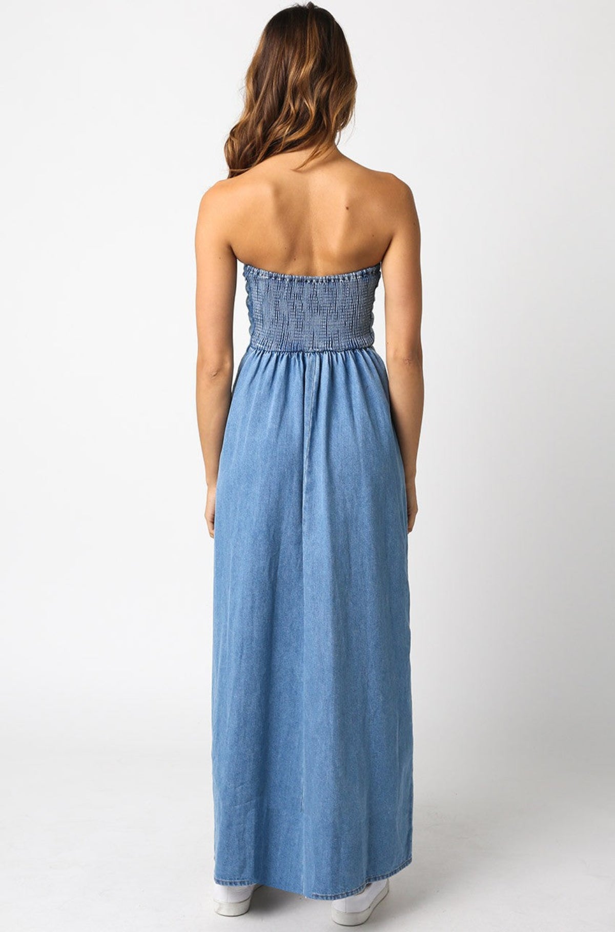 Corfu Light Denim Strapless Maxi Dress back view