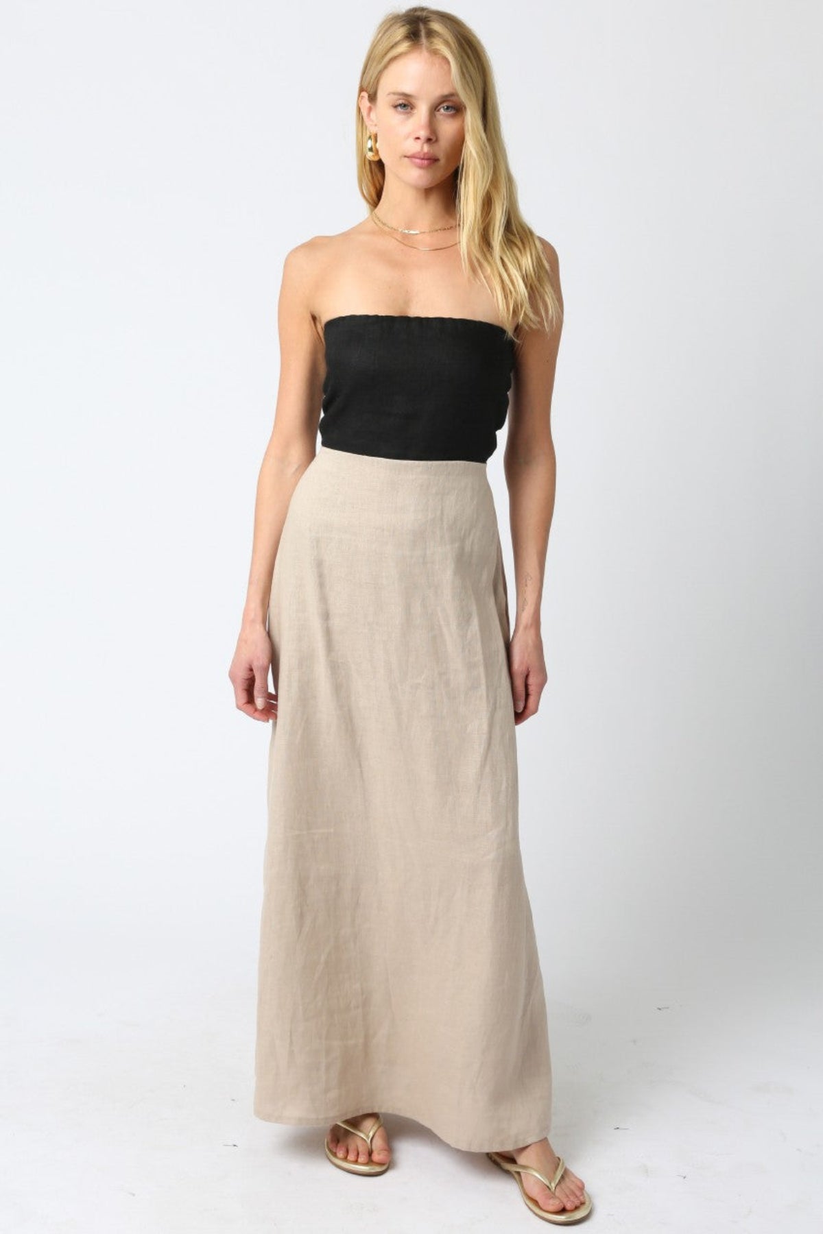 Corfu Black and Taupe Linen Strapless Maxi Dress front view