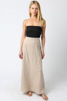 Black And Taupe Linen Strapless Maxi Dress