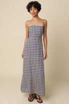 corfu blue gingham strapless maxi dress front