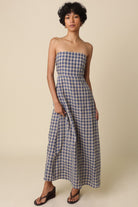 corfu blue gingham strapless maxi full outfit view