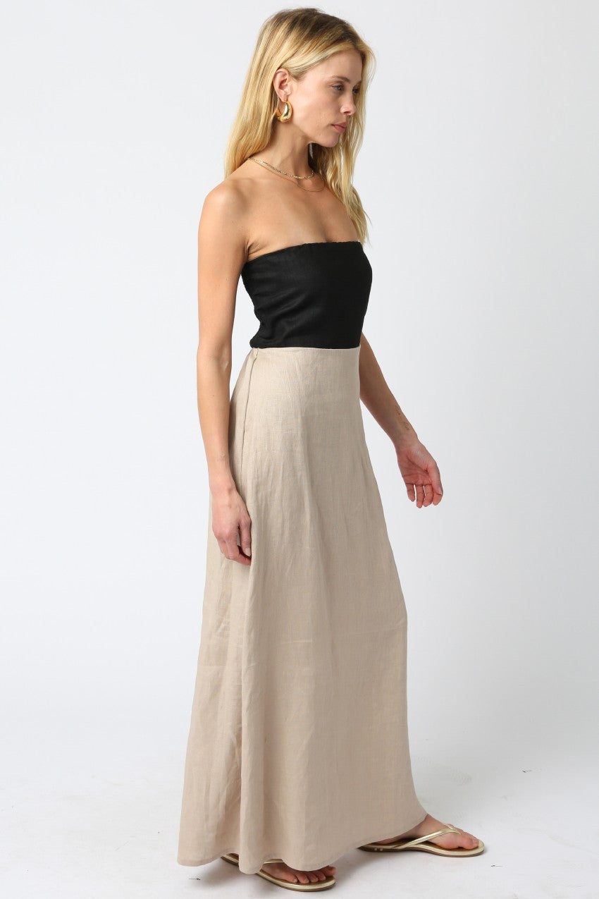 knee length dresses for ladies strapless-linen-maxi-dress-in-black-featuring-flock-of-birds-by-judith-march  BLack / L main image 1