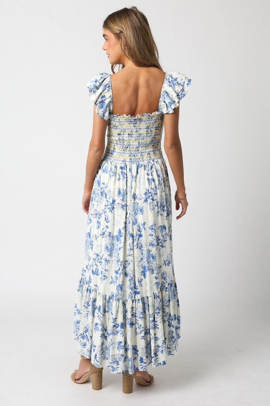 Cream and Blue Floral Maxi Dress
