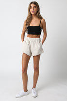 Front view of the Cape Cod linen shorts with relaxed fit and mid-rise waistband
