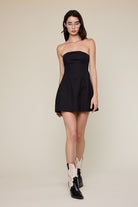 Sophisticated black A-line strapless dress for graduations, parties, and events