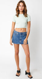 Model wearing Riley low waisted denim mini skirt with a crop top for a casual street style look.