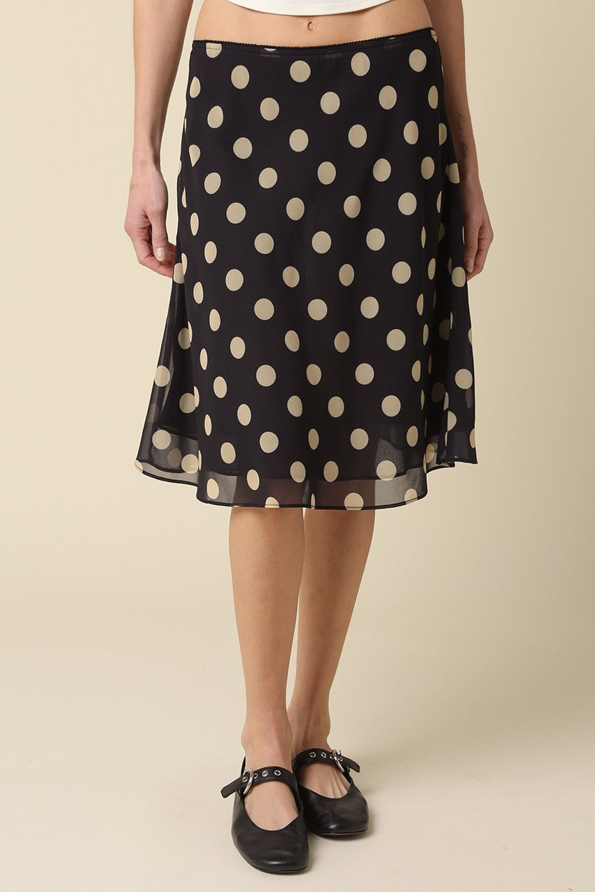 Emily black polka dot mesh midi skirt with  A-line silhouette - front view