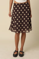Emily brown polka dot mesh midi skirt with sheer layered fabric and A-line silhouette