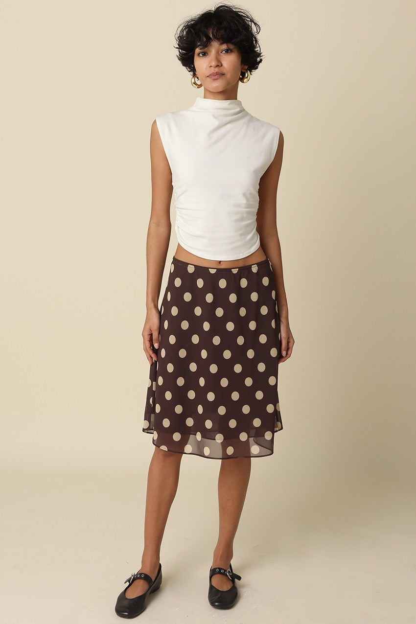 Emily brown and tan polka dot skirt full outfit view
