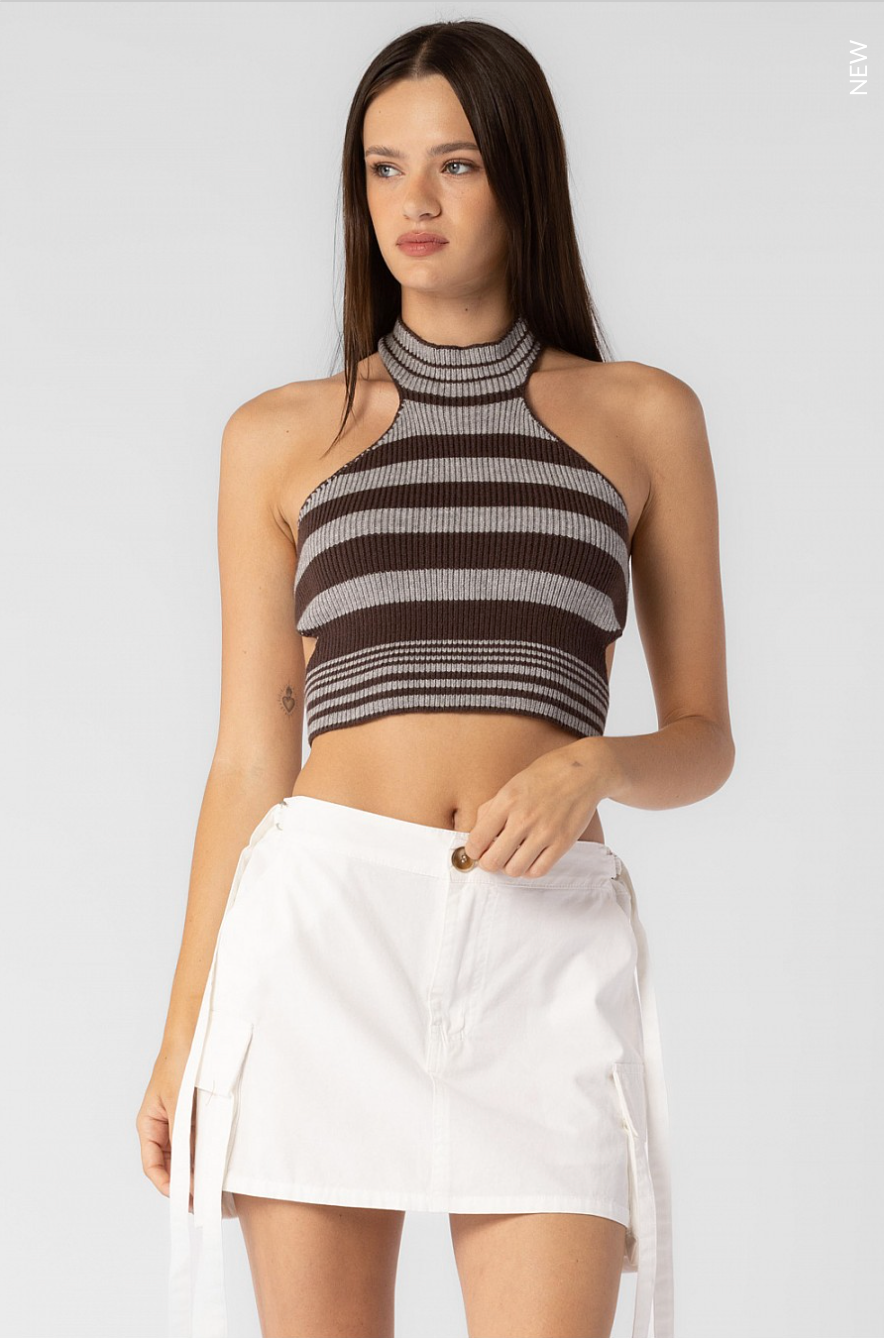 Alexia Grey and Brown Striped Mock Neck Sweater with backless design.