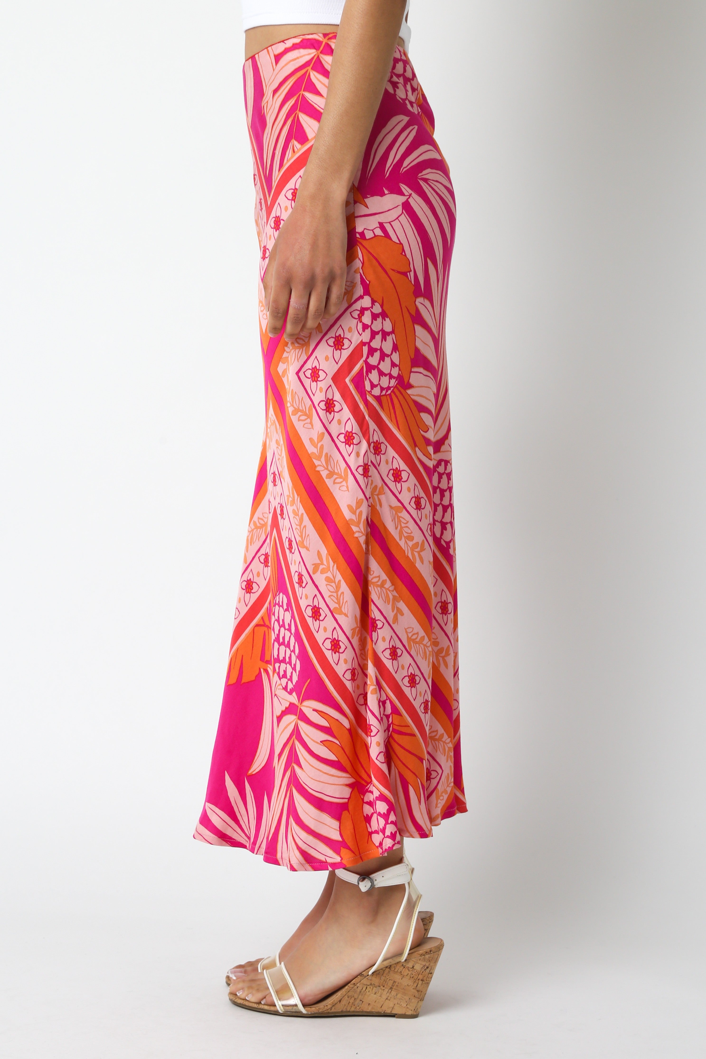 Fuchsia and Orange Floral Midi Skirt