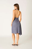 slate grey halter draped dress back view