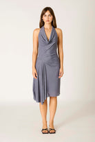 slate grey halter draped dress front viw