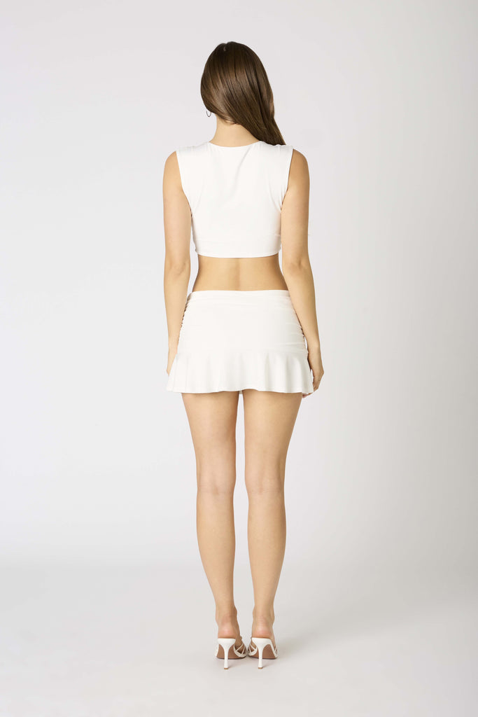 White Ruffle Mini Skirt Outfit