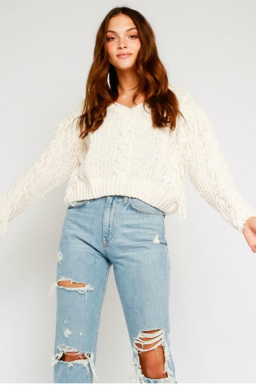 Christina Ivory Cable Knit V Neck Sweater